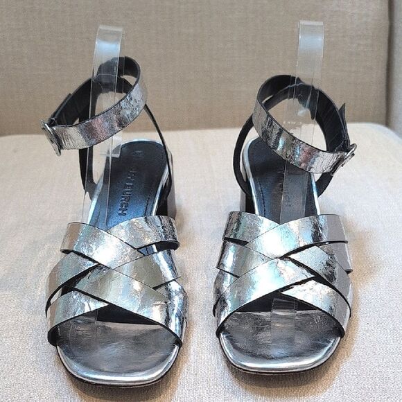 Tory Burch City Heel Sandals Silver Crackle Leather Size 9.5M - Picture 6 of 12